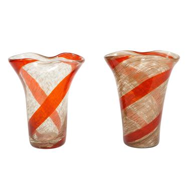 Fratelli Toso Pair of Pinched-Top Glass Vases With Red Spiral 1950s