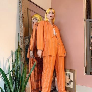 Vintage 90s | Orange Plaid Linen Pant Suit 