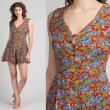 90s Boho Floral Grunge Romper - Small | Vintage Flower Print Button Up Sleeveless Playsuit 