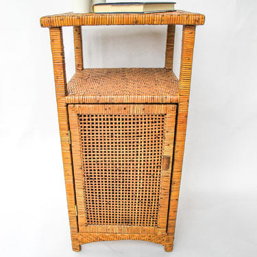 Vintage Wicker Rattan Woven Bohemian Side Table with Cabinet and Shelf 