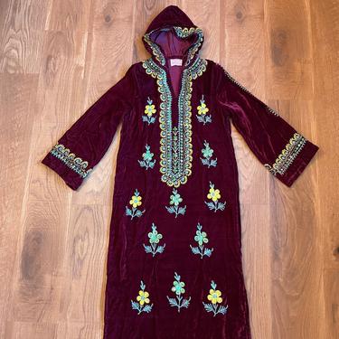 1960s Embroidered Velvet Kaftan Maxi Dress 