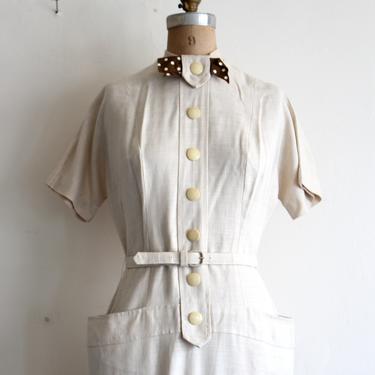 vintage 1950s linen dress - natural linen dress / brown polka dot bow dress - pale beige '50s dress / 1950s day dress - 50s belted dress 