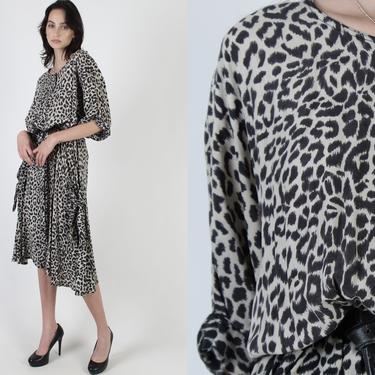80s Animal Print Dress With Pockets / Leopard Spotted Flowy Batwing Sleeves / Asymmetrical Mermaid Hem / Draped Party Midi Maxi Dress 