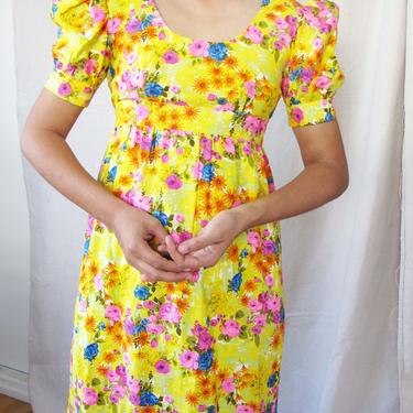 Vintage 60s Maxi Dress S - 1960s Yellow Pink Floral Maxi Sundress - Puff Sleeve 60s Long Dress - Empire Waist - 1960s Boho Clothing 