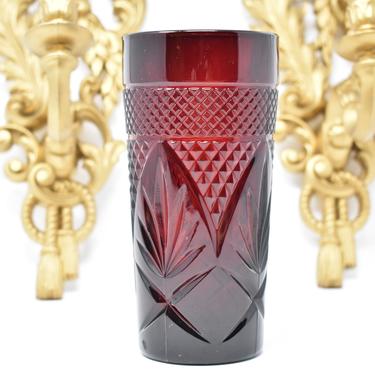Durand Cristal D'Arque Luminarc Ruby Cooler | Pressed Glass Tumbler Highball | Red Scarlet Antique Pattern Iced Tea Cut Ornate Boho Regency 