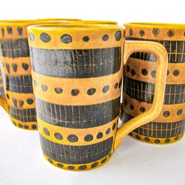 Set of 6 Yellow and Black Vintage Mugs - Made by Foreigner 