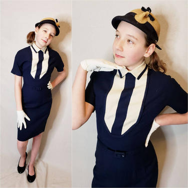 1950s Juniors Size Navy Blue Day Dress / 50s Day Dress Short Sleeves Matching Belt Maggie Stover XS 