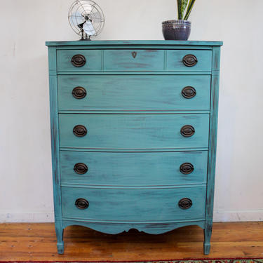 Refurbished Vintage Highboy Dresser, Antique Green Teal Turquoise Dresser, Distressed Shabby Chic Chest of Drawers Free NYC Delivery 