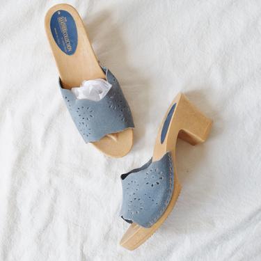 Vintage Blue Suede Mules | 1970s Style Open Toe Clog Mules | 40 / 9 