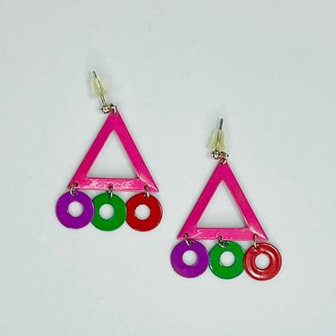 Vintage 1980s Pink Purple Red and Green Geometric Earrings 