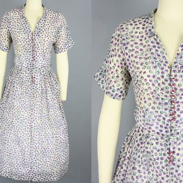 1950s DOTTED NYLON Dress | Vintage 50s Sheer Day Dress with Purple &amp; Grey Dot Print | medium / large 
