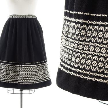 Vintage 1950s 1960s Skirt | 50s 60s Black Wool Geometric Border Warm Winter Folk High Waist Full Swing Skirt (small) 