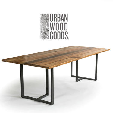 Rustic Dining Table made with reclaimed wood planks and steel 6 corner base.  Custom sizes and finishes welcome. 