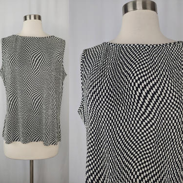 Vintage Y2K Black White Checkerboard Crimped Sleeveless Top - 2000 Style Large Mod Revival Blouse 