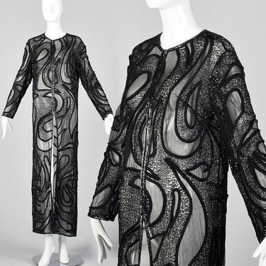 Stunning  Bob Mackie Silk Jacket Sheer Beaded Formal Evening Dress Coat Topper Psychedelic Swirling Design 1980s Designer Vintage 