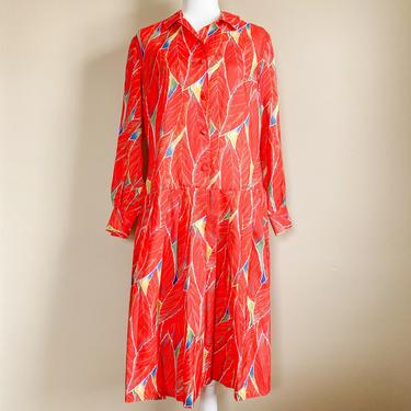 60s/70s Red Tropical Leaf Print Drop Waist Shirt Dress 