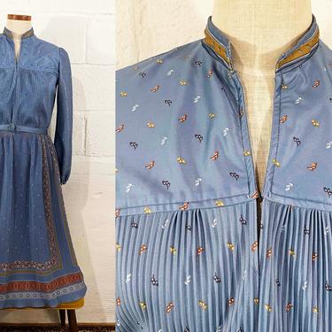 Vintage John York Petites Blue Hankerchief Dress Pastel Blue Long Sleeve Fit & Flare Pleated Sleeves 1970s 70s Boho Large XL 