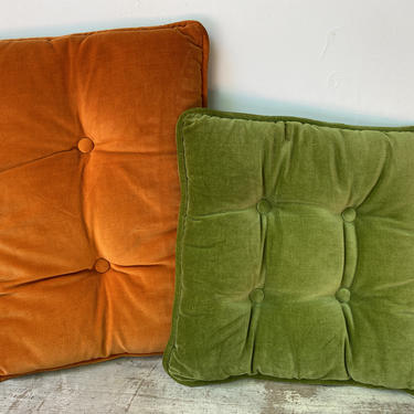 Vintage Velvet Tufted Pillows, Mid Century Modern, Square Green, Rectangular Orange, Set Of 2 