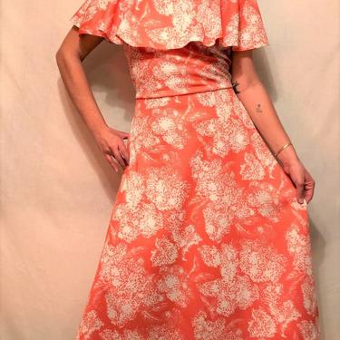 1970s Coral/Pink A-Line Hawaiian Summer Sundress || Shoulder Ruffle || Size M/L by CelosaVintage