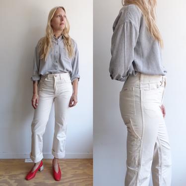 Vintage 70s Ivory Carpenter Pants/ 1970s High Waisted White Straight Leg Painter Pants/Canvas Workwear/ Becker/ Size 30 