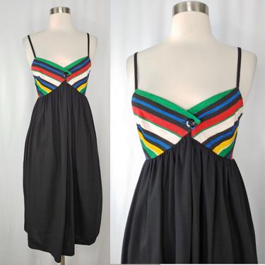 Vintage Seventies Oscar de la Renta for Swirl Striped Empire Waist Sun Dress - XS 70s Spaghetti Strap Summer Dress 