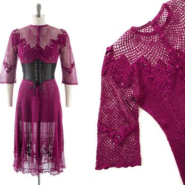Vintage 1970s Dress | 70s Purple Cotton Open Crochet Button Up Midi Shirtwaist Sweater Dress (small) 