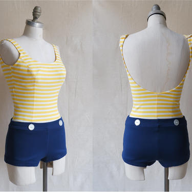Vintage 60s Striped Boyshort One Piece Swimsuit/ 1960s Yellow White Backless Mod Bathing Suit/ Size Small 