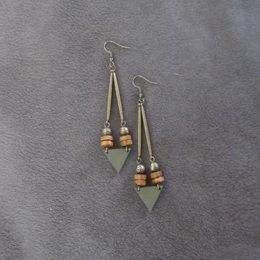 Long green earrings, wood and brass earrings, geometric earrings, Afrocentric jewelry, African earrings, mid century modern earrings 2 