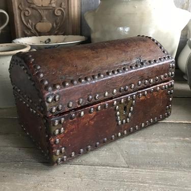French Studded Leather Casket, Wood, Jewelry Box, Treasure Box. Chateau Decor 