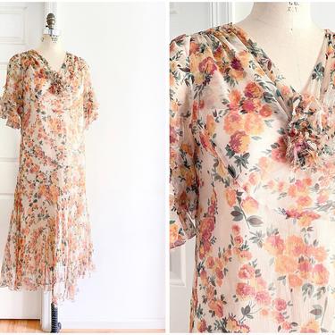 1920s 30s Floral Sheer Silk Chiffon Dress (Shattering) 