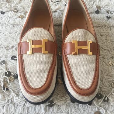 Vintage HERMES H Logo Canvas &amp; Brown Leather Loafers Flats Driving Shoes Smoking Slippers Ballet Flats eu 37 us 6.5 - 7 