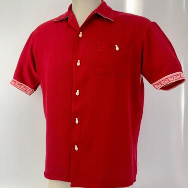 1950'S Bowling Shirt - DAYTONS - Rayon Gabardine - Bowling Pin Buttons - Patch Pocket - Loop Collar - Men's Size Medium 