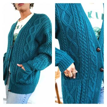 Vintage 1980s 1990s 90s Wool Cable Knit Cardigan Sweater Jumper Long Duster Jacket Hunter Green Wooden Button Up Front 