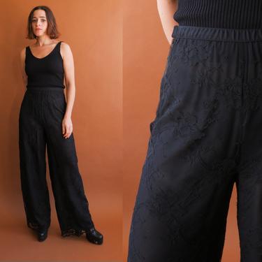 Vintage 90s Black Lace Pants/ 1990s High Waisted Wide Leg Trousers/ Size Small Medium 
