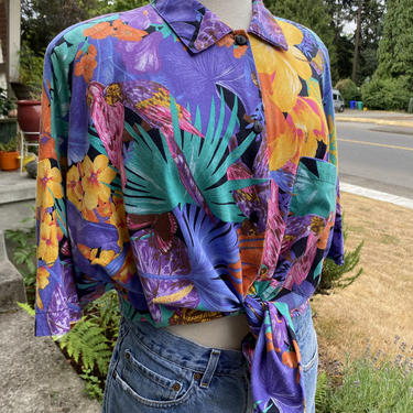 80’s 90’s Bright summer Vibes colorful shirt~ tropical Hawaiin pink parrots~ cotton~ Retro 1990’s oversized ~ volup Plus size shirt~ 
