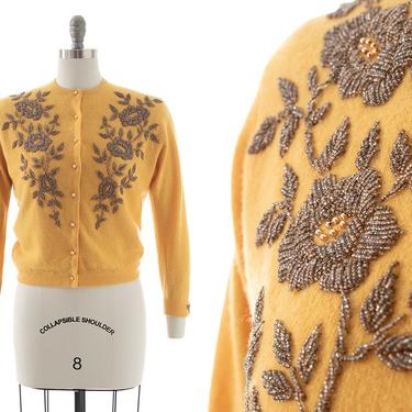 Vintage 1950s Cardigan | 50s Floral Beaded Knit Yellow Wool Button Up Sweater Top (medium) 