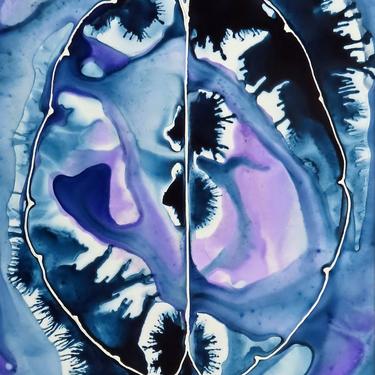 Purple and Indigo Ink Brain  -  original ink painting on yupo - neuroscience art 