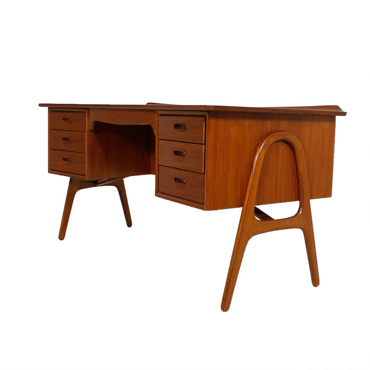 Curved Teak Executive Desk with Hairpin Legs  Compact Size!