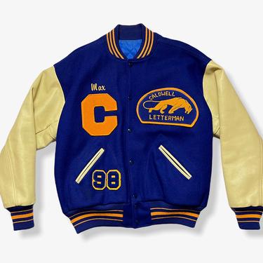 Vintage 1990s Wool & Leather VARSITY Jacket w/ Chenille Patches ~ L to XL ~ Letterman ~ Caldwell Cougars ~ Embroidered 