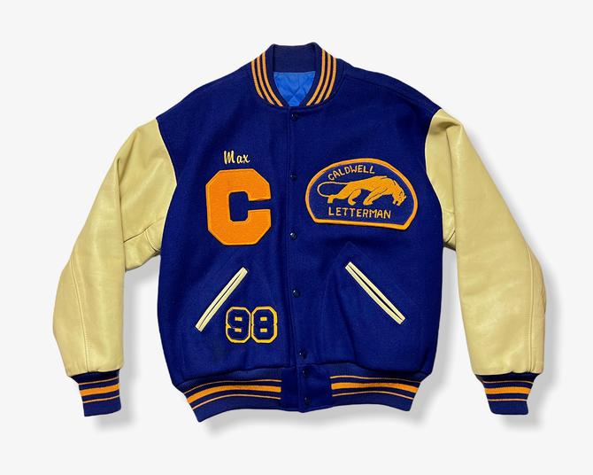 Vintage 1990s Wool &amp; Leather VARSITY Jacket w/ Chenille Patches ~ L to XL ~ Letterman ~ Caldwell Cougars ~ Embroidered 