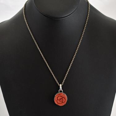 Vintage Claudia Agudelo sterling red coral rose statement pendant, handsome textured 925 silver carved sponge coral flower ExEx necklace 