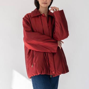 Vintage MAX MARA Cranberry Red Raw Silk Puffer Jacket w/ Brass Logo Zippers | Made in Italy | Y2K 2000s Italian Designer Silk Winter Coat 
