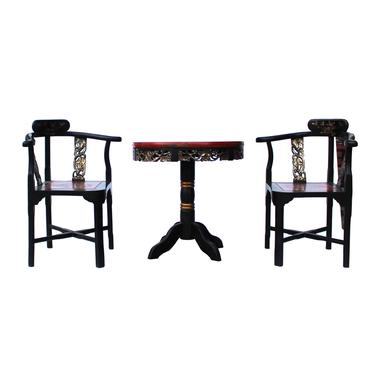 Chinese Handmade Lacquer Dragon Graphic Corner Armchair Table 3 Pieces Set cs5411S