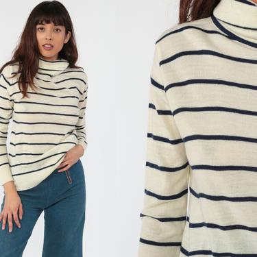 70s Turtleneck Sweater Cream Striped Sweater Stranger Things Donnkenny Bohemian Vintage 1970s Navy Blue Pullover Simple Basic Knit Medium 