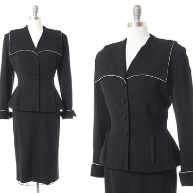 Vintage 1950s Skirt Suit | 50s LILLI ANN Black White Trim Tailored Blazer Jacket &amp; Skirt 2 Piece Set (medium) 