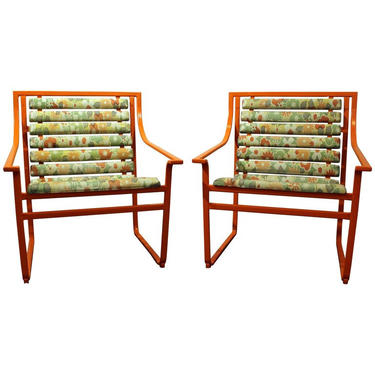 Mid-Century Modern Outdoor Chairs Atomic Orange Samsonite Outdoor Scoop Seat Arm Chairs-PAIR 