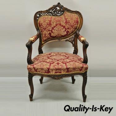 Antique Victorian French Style Finely Carved Mahogany Wood Parlor Arm Chair