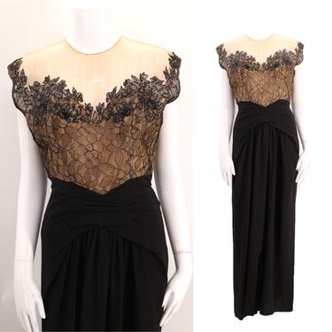 40s Frank Starr illusion lace evening gown / vintage 1940s rayon lace taffeta sash long dress size M 8 