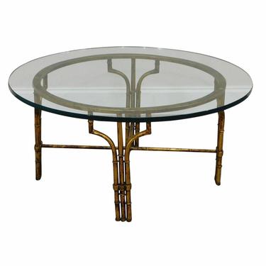 Vintage gilded metal faux bamboo coffee table with heavy glass top 