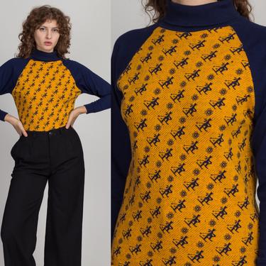 70s 80s Novelty Repeat Ski Pattern Shirt - Medium | Vintage Navy Blue & Yellow Turtleneck Lightweight Winter Pullover 